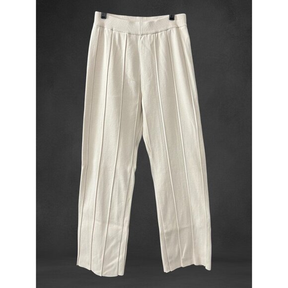 Women's Ribbed Cream Wide Leg Ponte Knit Cropped Ankle Pull On Pants Size Small - Picture 1 of 9